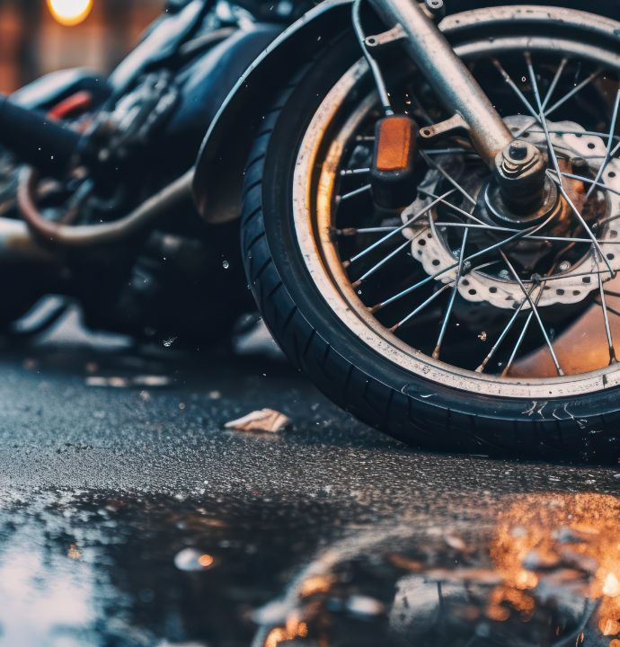 Close-up of a motorcycle accident on the city street.broken motorcycle on the roadway.motorcycle wheel after an accident on the road.
